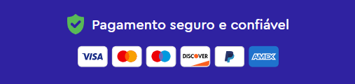 Pagamento seguro e confiável - Visa, Mastercard, Elo, Discover, PayPal, Amex